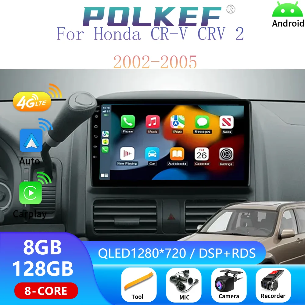 

For Honda CR-V CRV 2 2001 - 2006 4G GPS Navi Bluetooth Carplay Auto Button 9 inch Android 14 Car Radio Multimedia Video Player