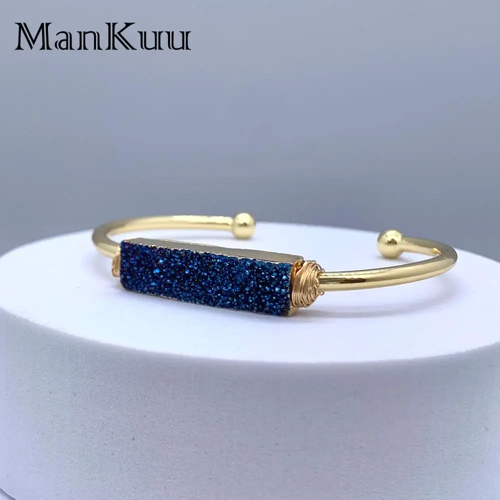 Mankuu Fashion Jewelry Rectangle Colorful Natural Shiny Druzy Crystal Stone Handmade Adjustable Bracelet For Women Gifts