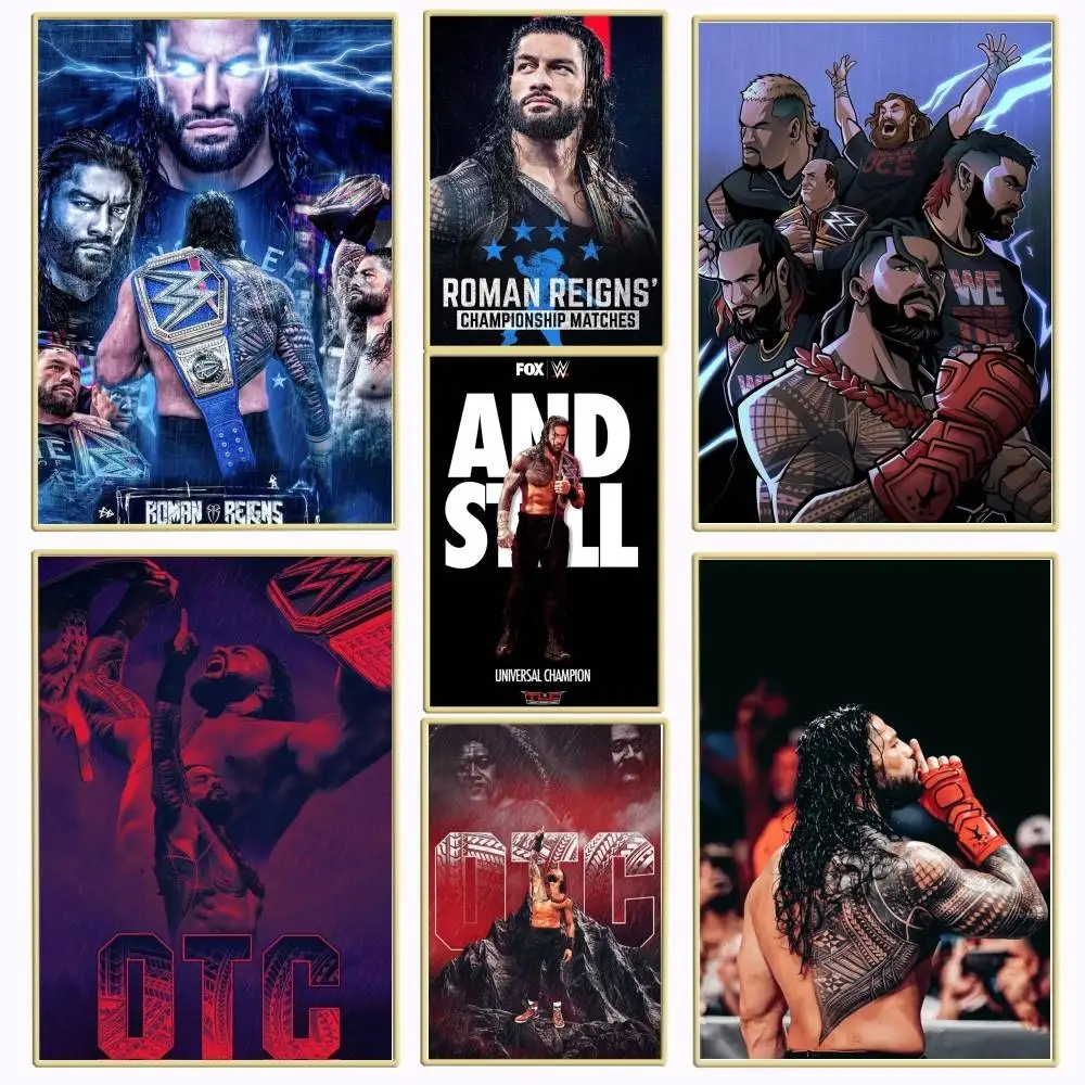 Affiche autocollante en papier imperméable de la star de la lutte Roman Reigns, décoration murale pour café, bar, salle