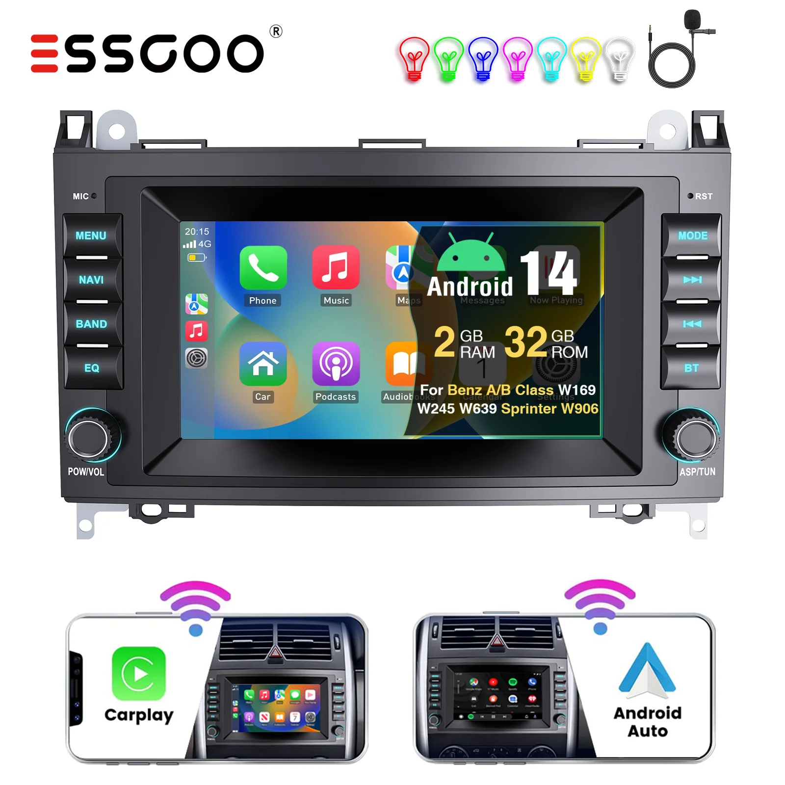 ESSGOO Android 14 Drahtlose Carplay Auto Stereo Radio Für Mercedes Benz A/B Klasse W169 W245 W693