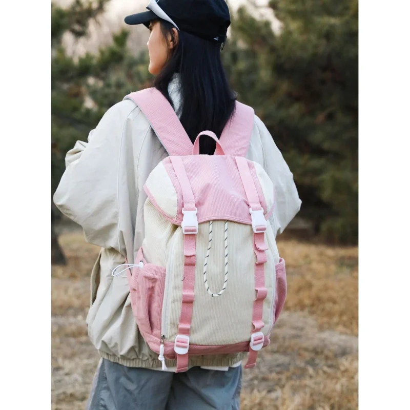 

Vintage Corduroy Color-Block Backpack for Girls, Artsy Style, Suitable for Students, Outdoor Leisure, Travel Backpack for Women