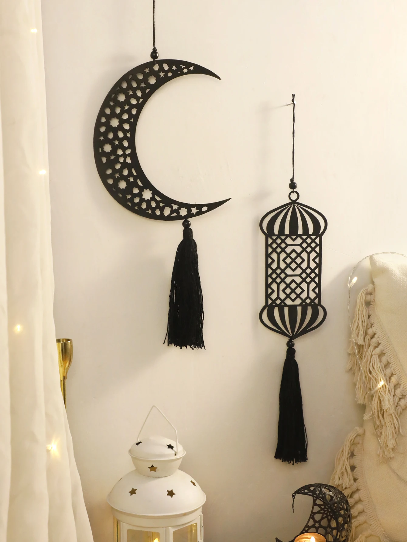 Ramadan Home Decor Moon and Lantern Wall Hangings Moroccan Style Lanterns for Eid and Ramadan, Boho Chic Wall Art Decorations