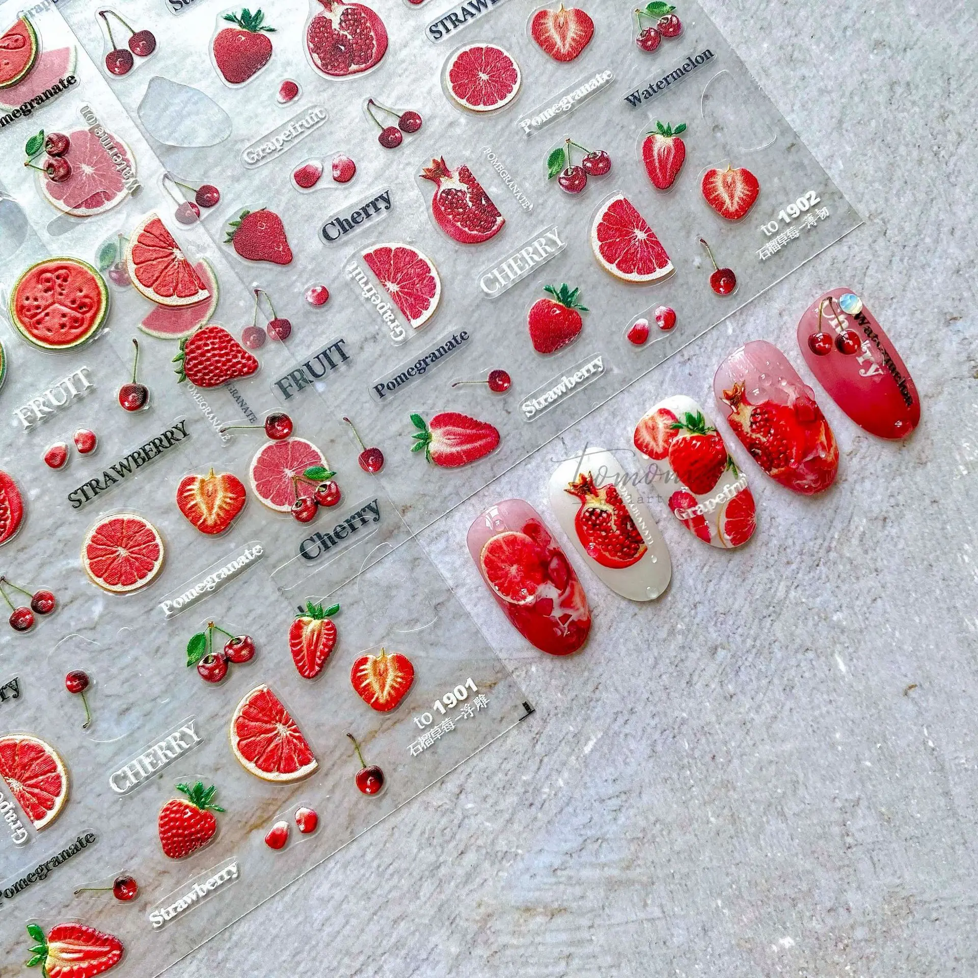 Large Summer Fruit Pomegranate Strawberry Kiwi Orange Lemon Adhesive Nail Art Stickers DIY Manicure Decoration T-1901