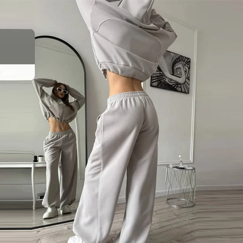 Damen-Hosen 2-teiliges Set: Kapuzenjacke mit langen Ärmeln und Reißverschluss, elastische Taille, weit geschnittene Hose, schicke Damen-Sportbekleidung, neues Herbst-Outfit. – Detail 13