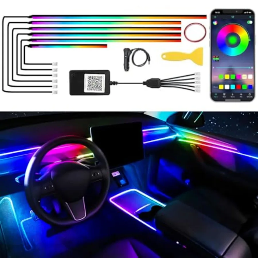 

Acrylic Car LED Interior Strip Lights 6 in 1 Dreamcolor Ambient Lighting Kit with Wireless APP Luxury EL Wire Trim 16 Million C