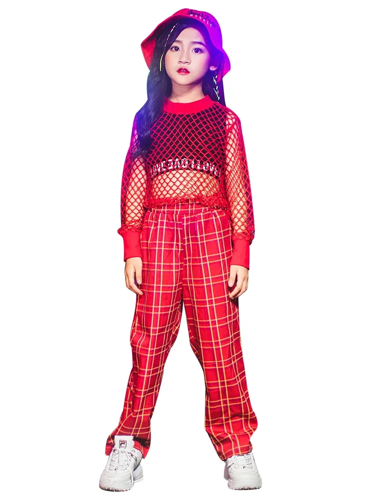 

New Girls Jazz Dance Costume Red Hollow Jazz Plaid Pants Hip Hop Trendy Dance Costume