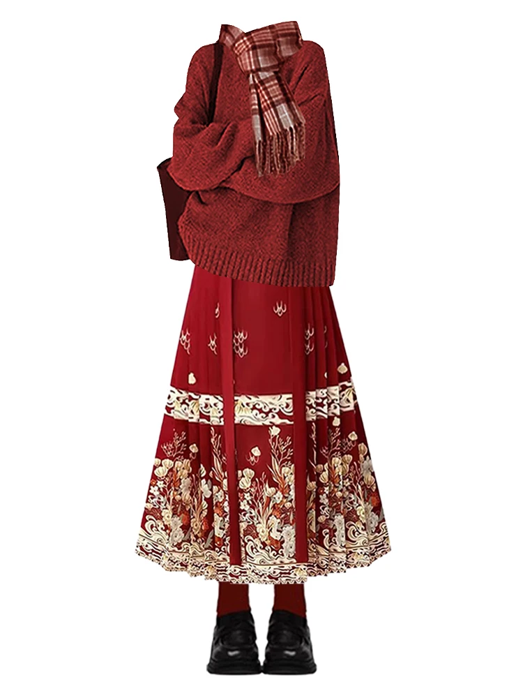 빨간색 니트 스웨터와 미디 스커트 투피스 세트 여성용 겨울 신년 슬림핏 의상 라운드 넥 중국풍 꽃무늬