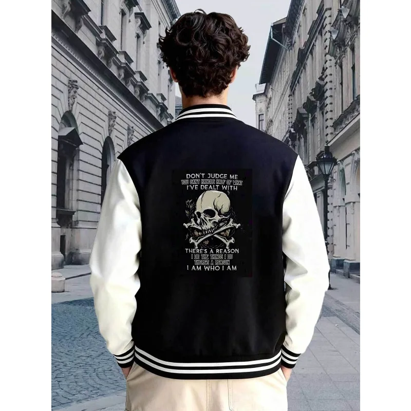 Baseball jacket with skull pattern on black background, new casual jacket for autumn and winter