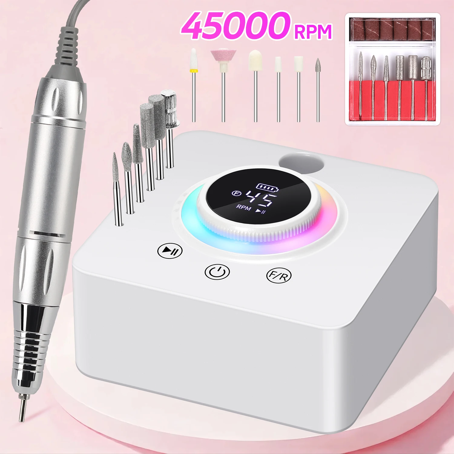 45000RPM高速ネイルドリルマシンセット、プロ仕様低騒音ネイルサンダー、家庭用サロン向けLCDディスプレイ付き