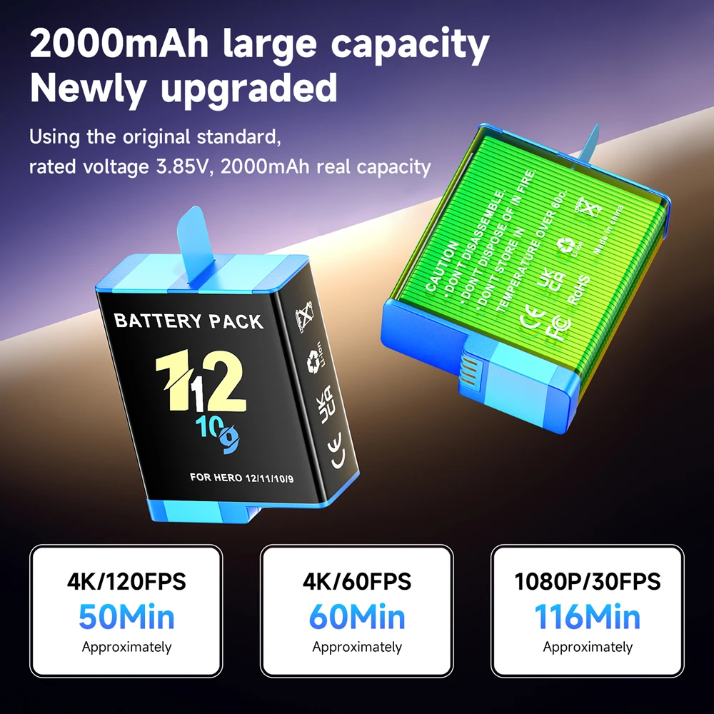 Аккумулятор для GoPro 12 11 с 3 слотами, светодиодные аккумуляторы, зарядное устройство, ящик для хранения карт TF для Go Pro 10 Hero 9, 2000 мАч, черный аккумулятор для камеры