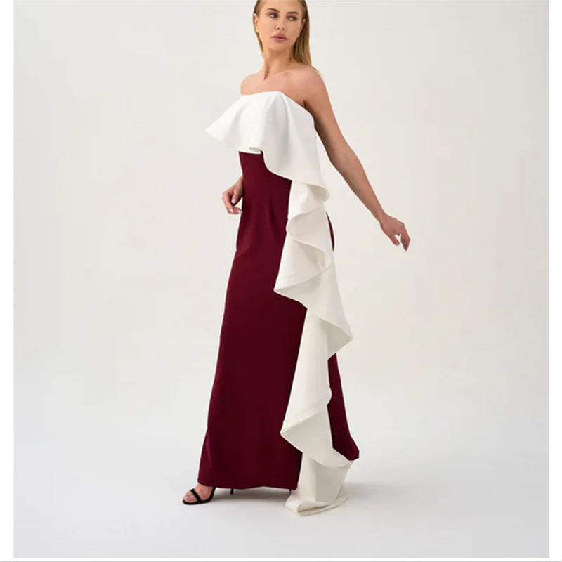 ชุดราตรียาวสีเบอร์กันดีและสีงาช้างสำหรับผู้หญิง ปี 2025 ชุดราตรีงานพรอมสวยงาม สายเดี่ยว สง่างาม ชุดเดรสสำหรับงานปาร์ตี้ สามารถสั่งตัดได้