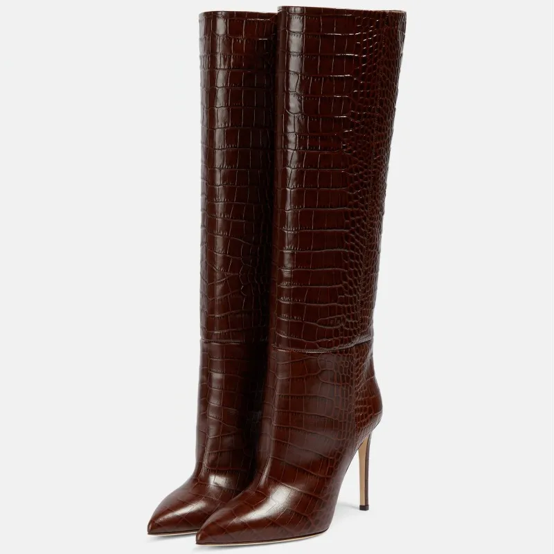 Knee High Boots Women Snake Leather Sexy Point Winter Tall Long Party Shoes Female 2023 New Trends Black Cowboy Cowgirls Boot