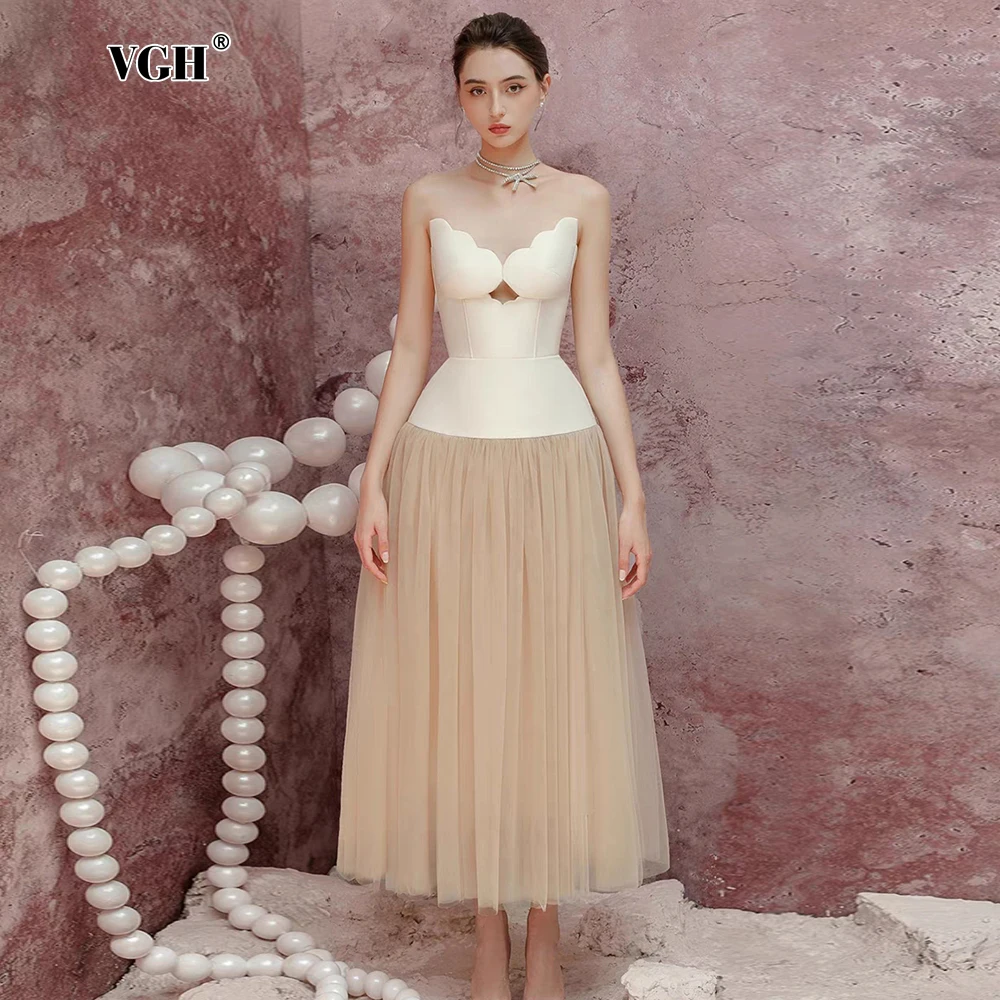 VGH Hit Color Temperament Spliced Mesh Dresses For Women Strapless Sleeveless High Waist Hollow Out Dress Female New Autumn 2024