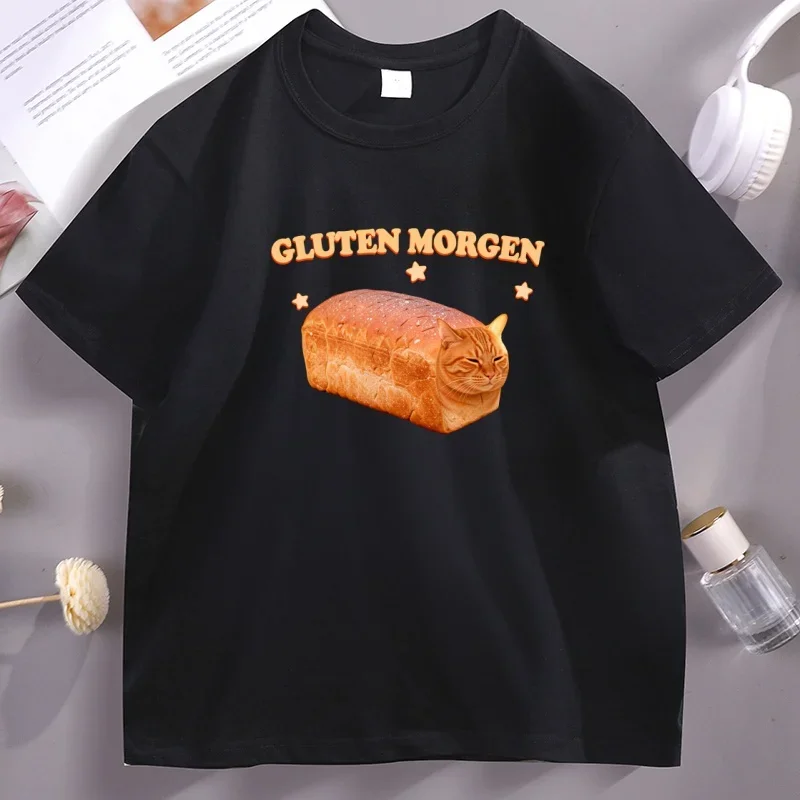 Gluten Morgen Lustiges Katzen-Baguette-T-Shirt für Männer und Frauen, lustiges T-Shirt mit Katzenmotiv, bequemes T-Shirt mit Rundhalsausschnitt und kurzen Ärmeln, Bekleidung. – Detail 5