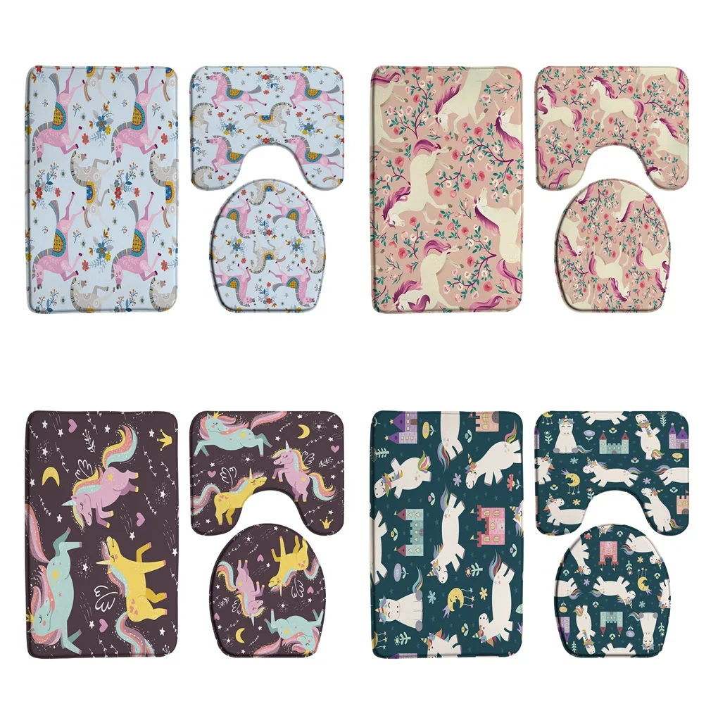 

Cartoon Child Unicorn Bath Mat Set Colorful Flower Animal Kid Girl Bathroom Doormat Flannel Non Slip Carpet Rug Toilet Lid Cover