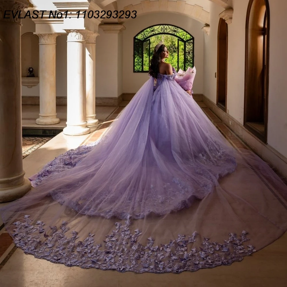 

EVLAST блестящее сиреневое бальное платье на заказ, платье Quinceanera, кружевная аппликация, накидка с бисером, корсет Sweet 16, Vestidos De 15 Anos E1QN344