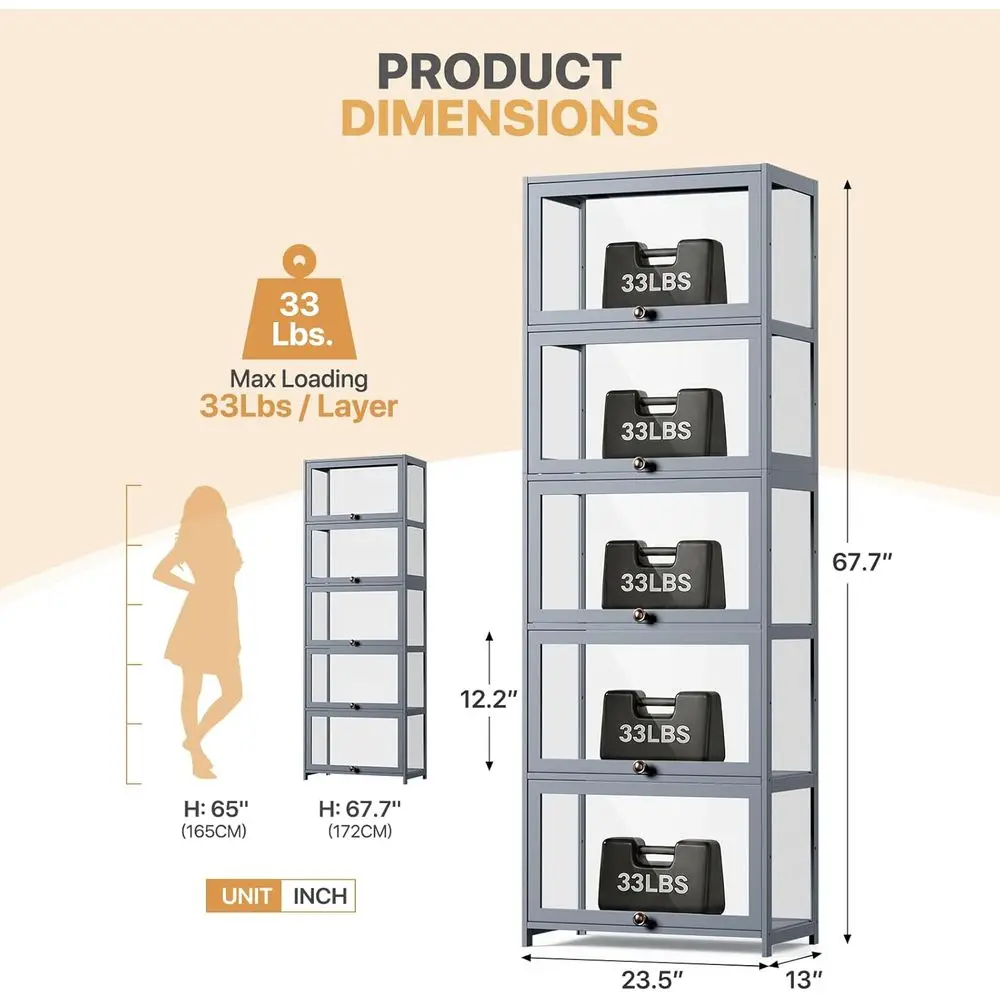 5-Tier Acrylic Display Case, Large Curio Cabinet for Collectibles, Clear Showcase for Living Room, Bedroom, Office, 13L x 23.5W