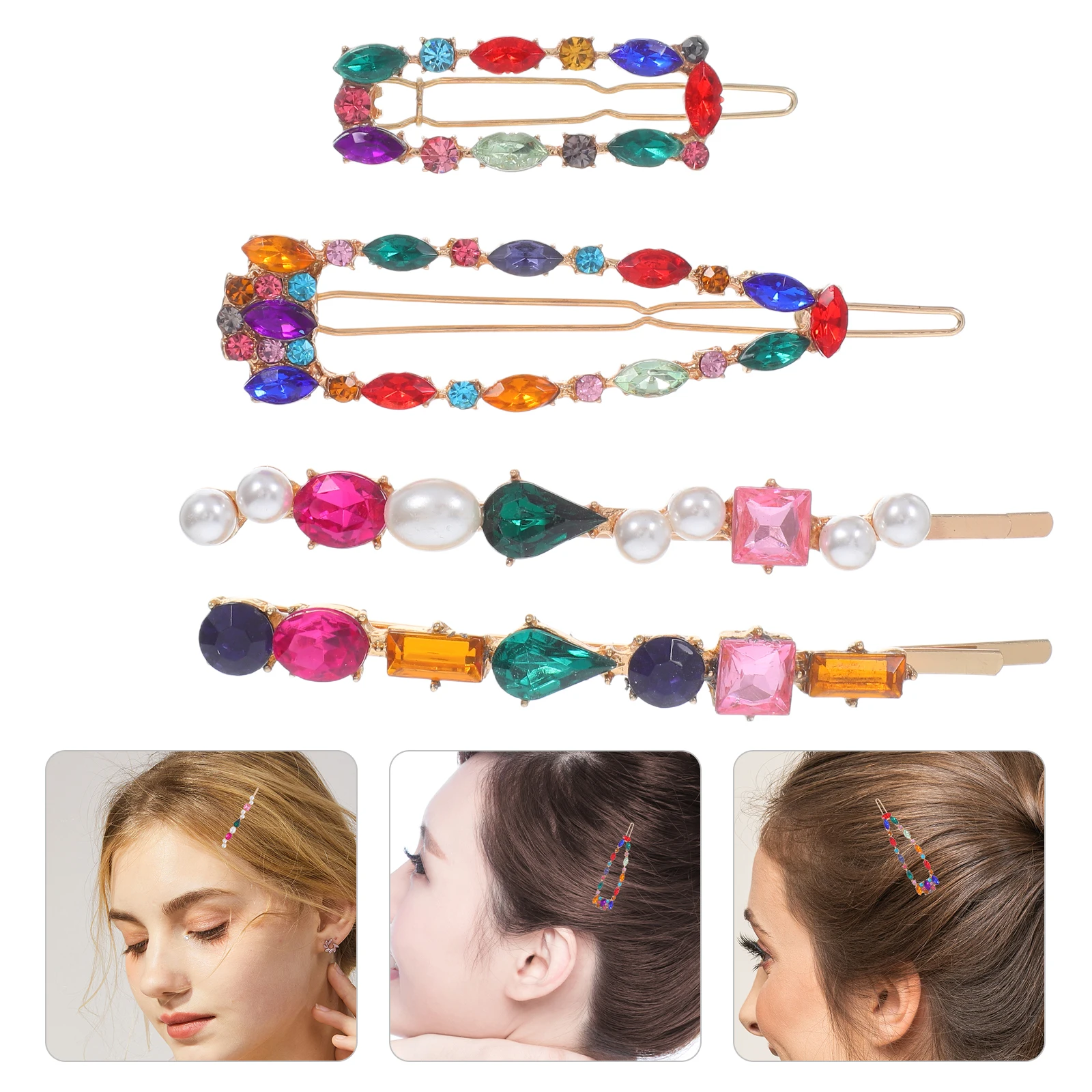 

4pcs Alloy Rhinestone Hairpins Stylish Bang Clips Colorful Hair Accessories Girls Durable Elegant Wear Matching Outfits