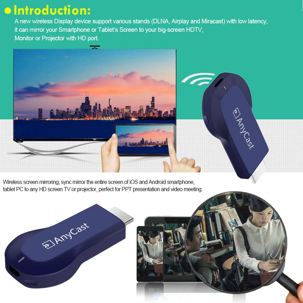 AnyCast New Wireless WiFi Display Dongle Receiver 1080P HD TV Stick Miracast Airplay DLNA Mirroring for Android iOS Smart Phone