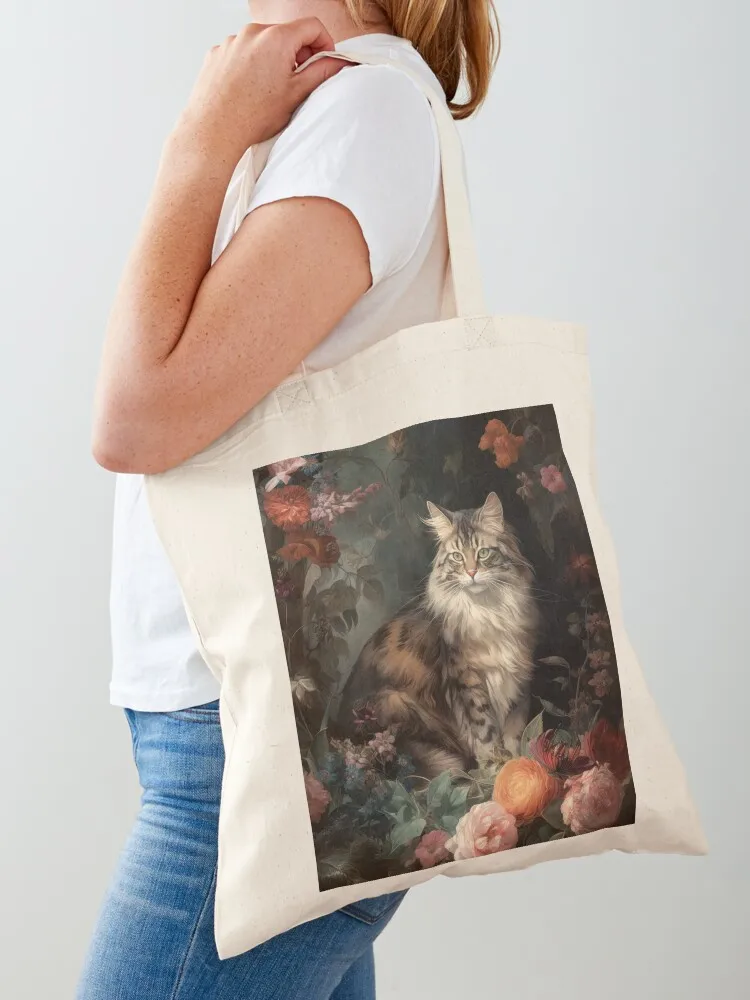 

Cat with Flowers Maine Coon Norwegian Forest Cat Tote Bag tote bag men cloth bag woman Women's bags Candy bags
