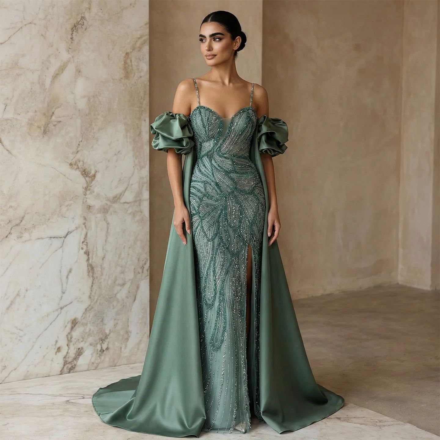 Sharon Said Elegantes Grünes Meerjungfrauenkleid mit Perlenstickerei, Schulterfrei, mit Satinumhang, Damen-Partykleid, SS157, Anpassbar – Detail 3