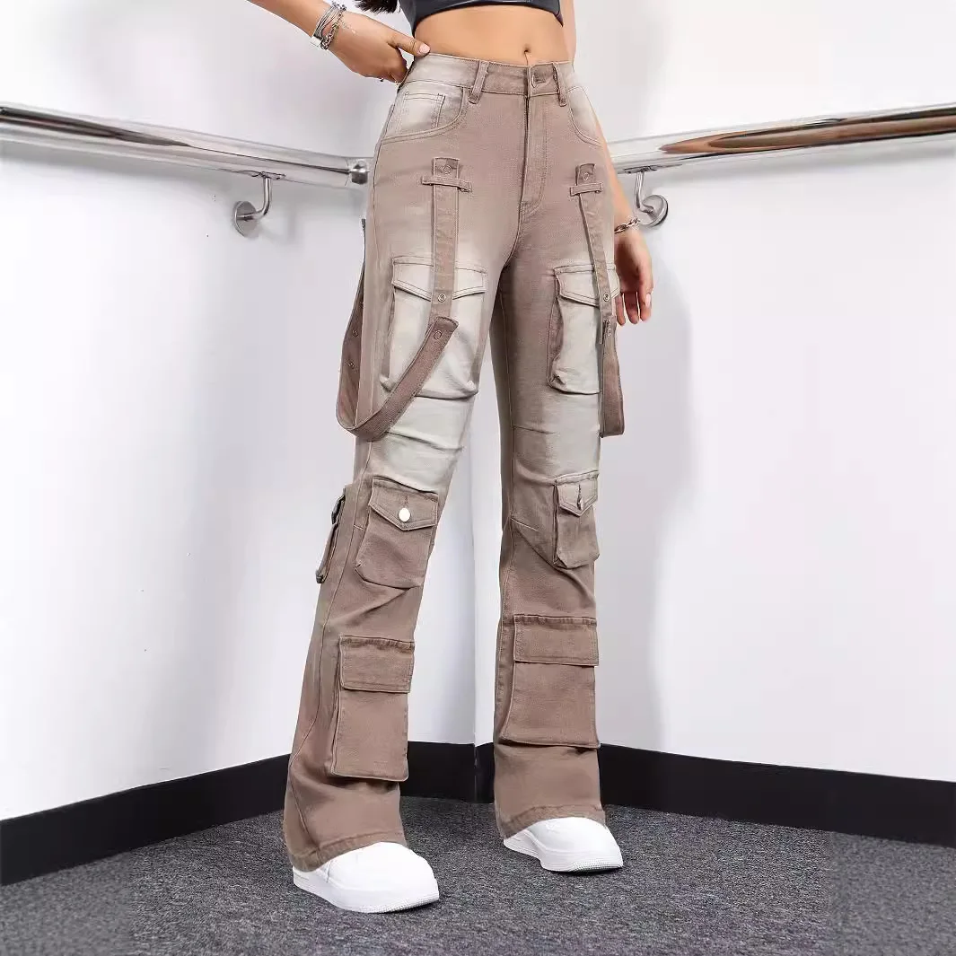 American Elastic Force Bindings Straight-leg Jeans, Women's Spring and Autumn Street-chic Cargo Multi-pocket High Waist Jeans