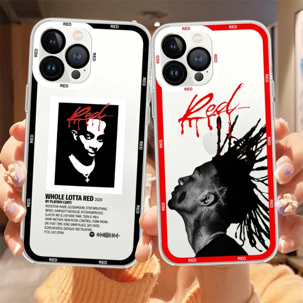 P-Playbois Carti Rapper Red Phone Case For iPhone 11 12 Mini 13 14 15 Pro Max Transparent Shell