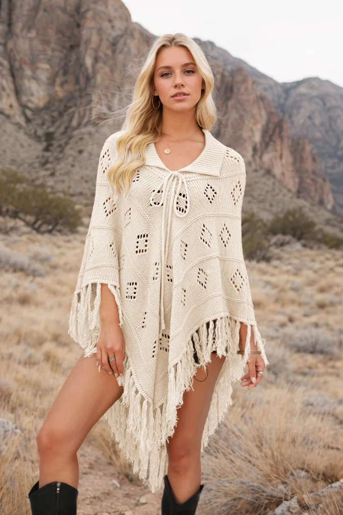 

Casual Knitted Shawl For Women Loose Solid Color Lapel Lace Up Hollow Irregular Tassel Pullover Sweater Spring Autumn New Style