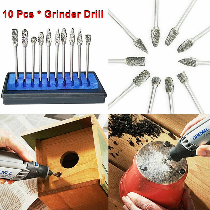 10pcs Double Cut Carbide Rotary Burr Set Drill Bits Rotary Burrs Metal Diamond Grinding Woodworking Milling Cutters Hardware