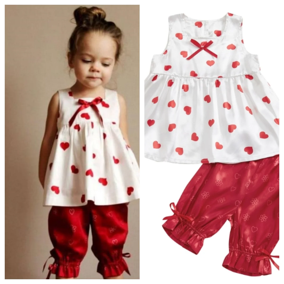 3-7Y Little Girl Outfit Hear Print Square Neck Sleeveless Tank Dress Bow Ruffle Pants Cute Summer Girls Lovely Clothes Set