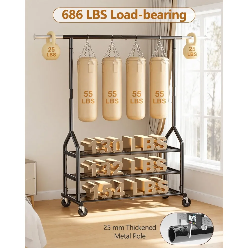 Heavy Duty Rolling Clothes Rack with 3 Shelves, Adjustable Height, Portable Metal Rack for Hanging Clothes