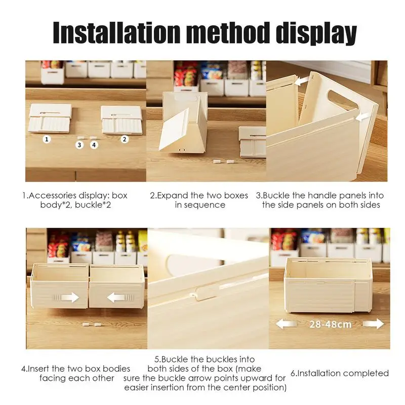 กล่องเก็บของปรับความยาวได้ลิ้นชักจัดระเบียบแบบพับเก็บได้ตู้เก็บของวางซ้อนกันได้กล่องที่เก็บเครื่องครัว