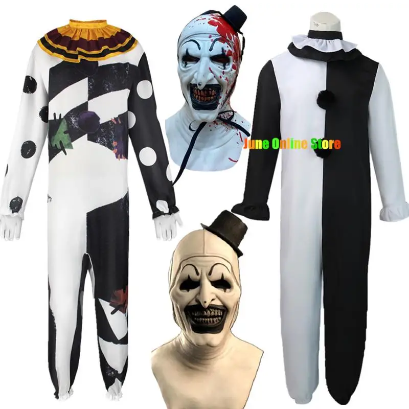 Kids Clown Cosplay Halloween Costume with Mask Hat Terrifier Clown Dress Child Jumpsuit Outfits for Boys Girls Carnival Party