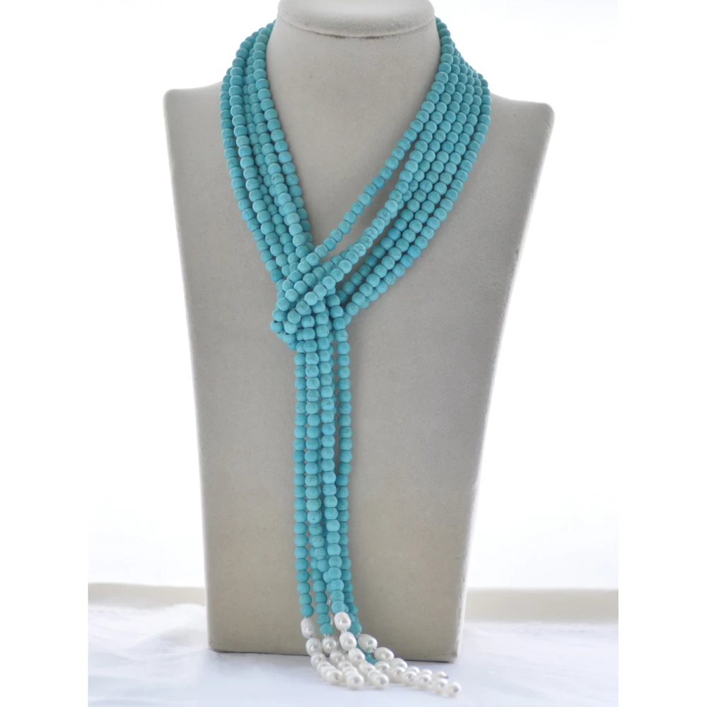 

Z10854 3Strands 50" Blue Turquoise White Rice Freshwater Pearl Long Necklace