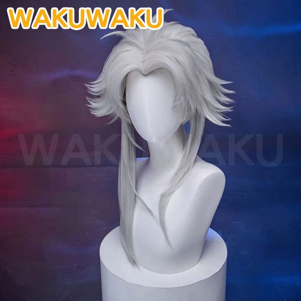 IN STOCK Harlequin Pierrot Cosplay Wig Game WakuWaku Men White Short Hair Pierrot Halloween Cosplay Hair Free Wig Cap view 3