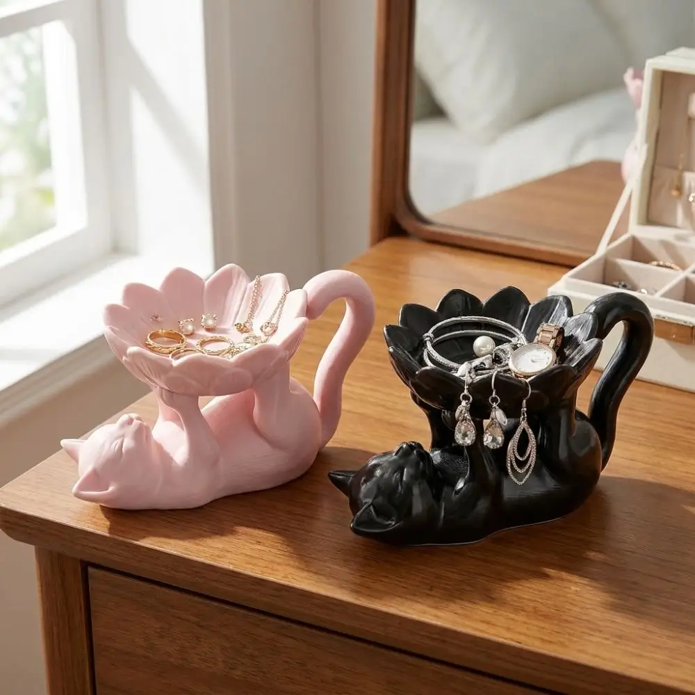 3D Printed Cat Lotus Jewelry Tray Cat Holding Lotus Cartoon Lying Cat Trinket Dish Waterproof Stable Base Ring Storage Holder