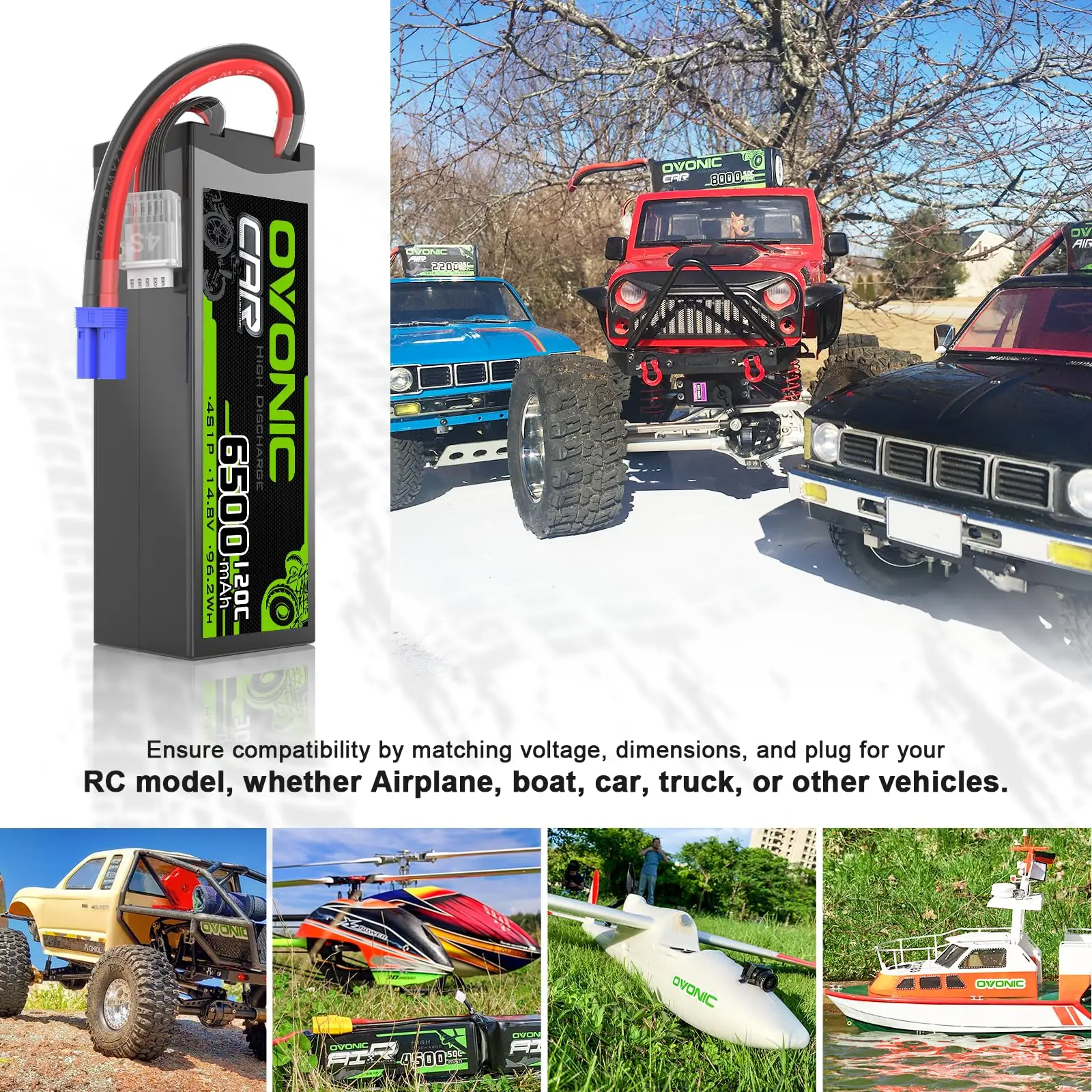 Batteria LiPo OVONIC 4S, 14.8V 120C 6500mAh con Connettore EC5, Confezione da 2, Batteria Ricaricabile per Auto RC, Camion, Quadricottero, Elicottero, Barca, Aereo