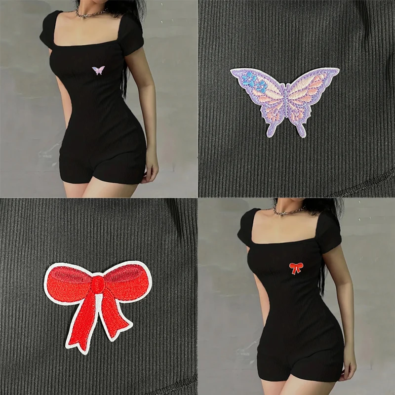 

Womens Butterfly Graphics Embroidery Short Sleeve Jumpsuits Slim Fit Stretch One Piece Playsuits Romper Sexy Ladie Sportwears