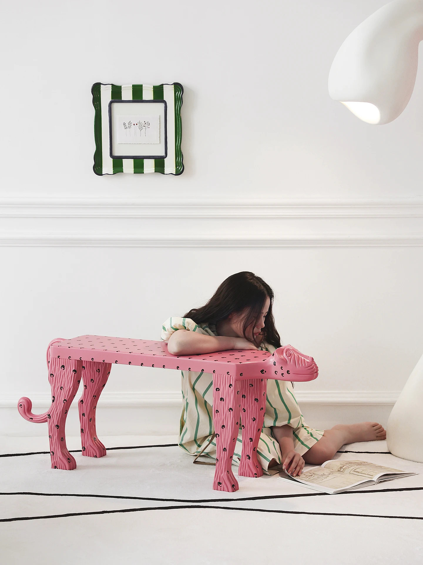 مقعد تغيير الأحذية على شكل النمر الوردي من الدوبامين، مقعد منزلي إبداعي من الخشب الصلب لتزيين مقعد بجانب السرير #2