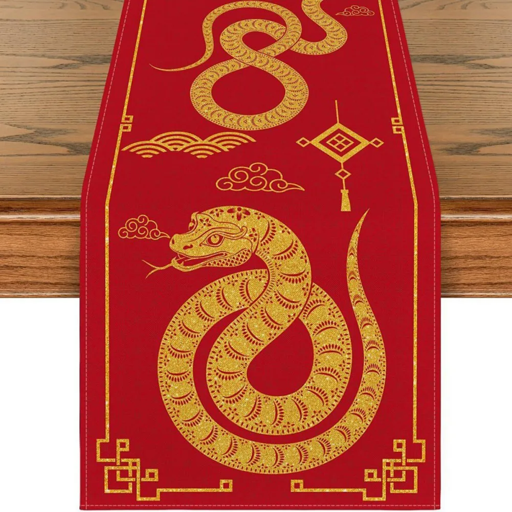 Chinese New Year Snake Zodiac Linen Table Runner Happy New Year's Day Decorations For Home Spring Festival Supplies Table Flag *