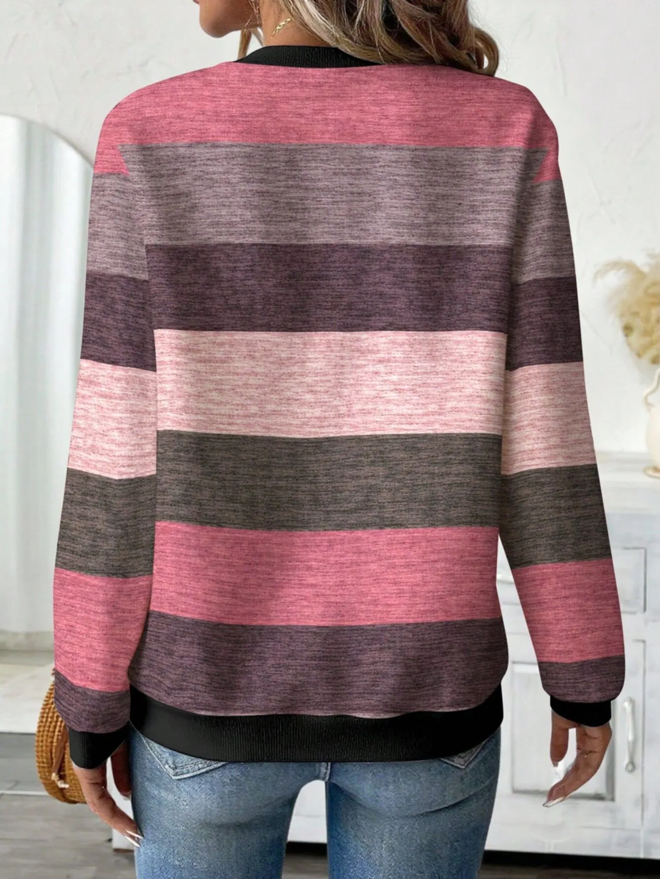 Casual Zipper Hoodie with Regular Fit Mid Length Japanese Korean Casual Digital Print Long Sleeve Striped Spring Women Hoodie