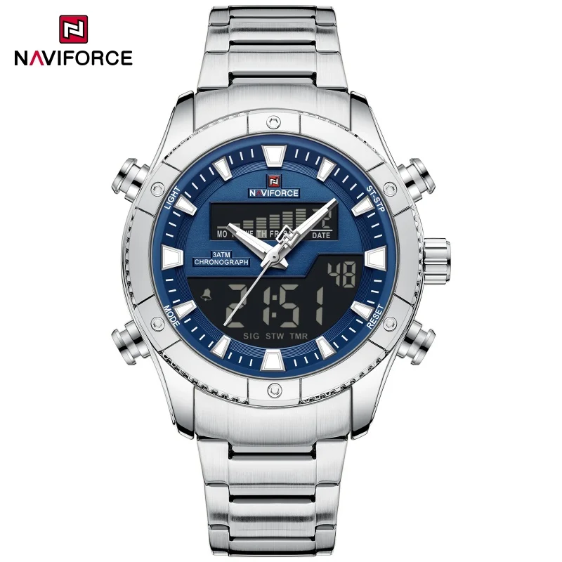 

NAVIFORCE Multifunctional Sports Watch Stainless Steel Strap 3ATM Waterproof Backlight Dual Time Zone Men's Quartz Watch NF9259