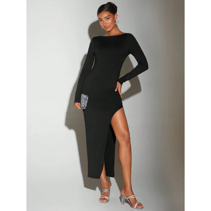 

YQ1-International Station Hot-Selling Socialite Sexy Dress Autumn Winter Round Neck Large Backless Design Mid-Length Dress