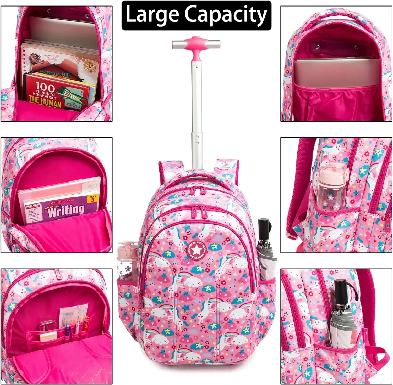 Girls School Backpack Child Wheeled Bag Set for Boys Roller Bag Rolling Luggage School Trolley Backpack with Lunch Bag Insulated