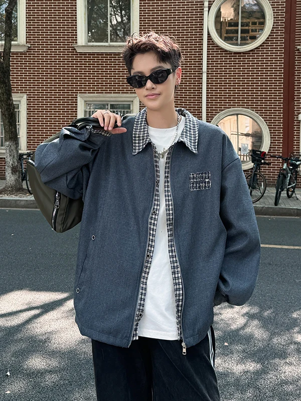 

Men's Harington Jaet Zipper up Plaid Splicing Workwear Outerwear Autumn Faion Loose Fit Long Sve Retro Sle Coat