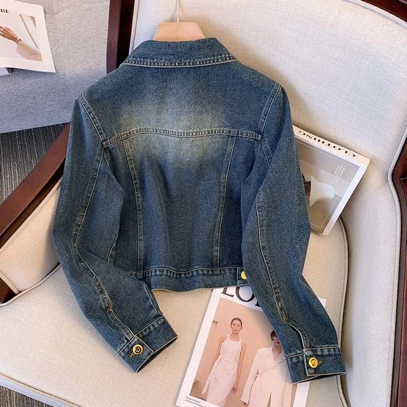 20245 Korean Female Loose Fit Cowboy Coat American Women Long Sleeves Jeans Jacket Autumn Ladies Splicing Together Denim Outwear