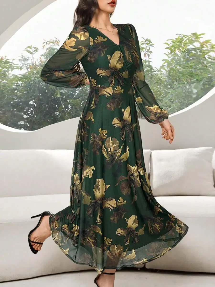 

Elegant V-Neck Long Sleeve Floral Print Maxi Dress For Women