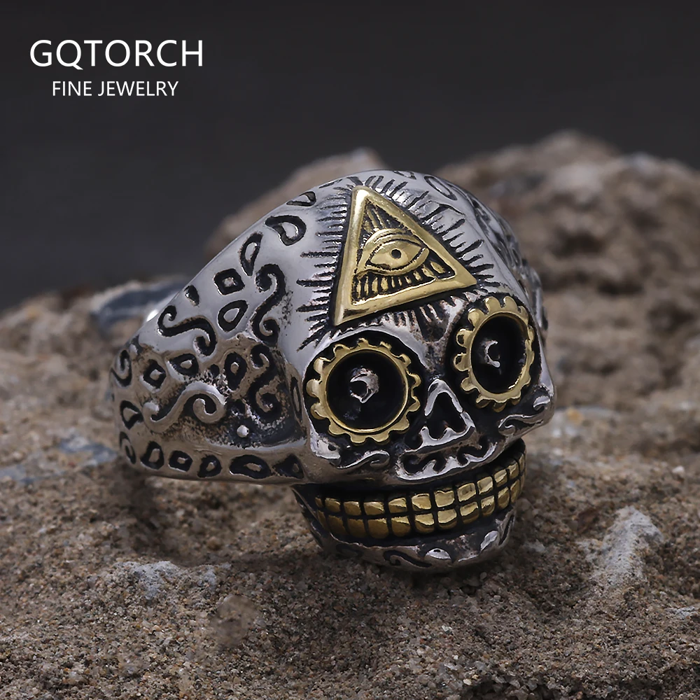 S925 Sterling Silver Punk Retro All-Seeing Eye Skull Ring for Women Eye of Providence Men‘s Pinky Ring Cool Biker Jewelry