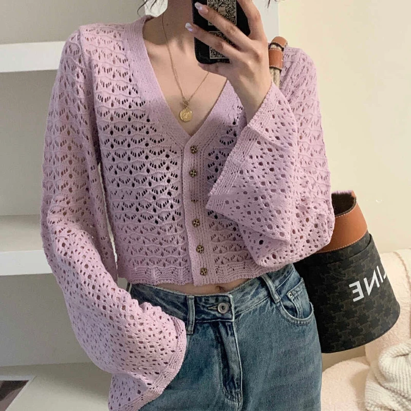 Button Front Pointelle Knit Cardigan Sheer Crochet V Neck Bell Sleeve Sweater for Women Spring Summer Casual Outfit