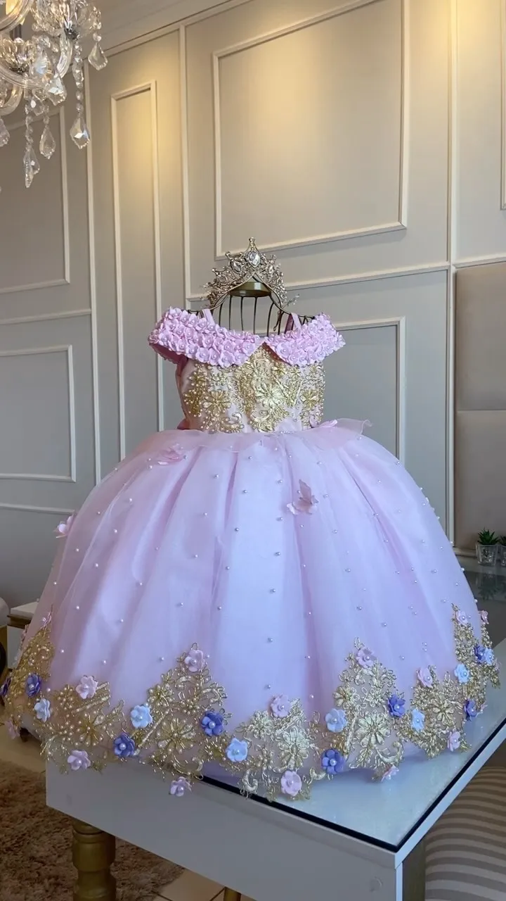 Vestido dorado de flores para niña, para boda, tul con apliques 3D hinchados y perlas, vestido de baile de primera comunión para cumpleaños de princesa para niños